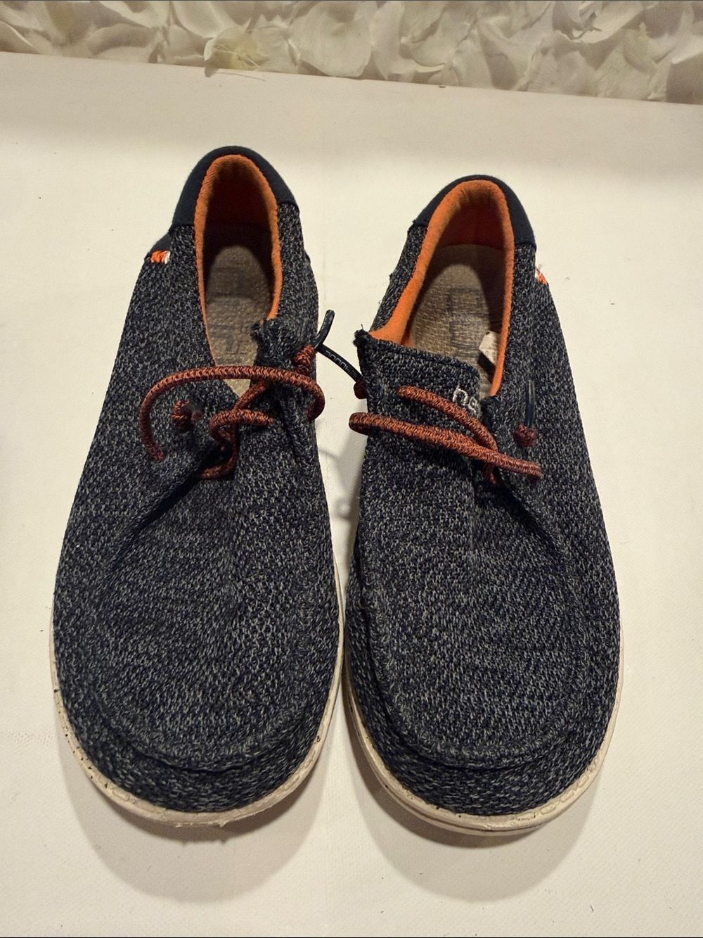 Hey Dude Navy Knit Slip-On Shoes with Orange Trim